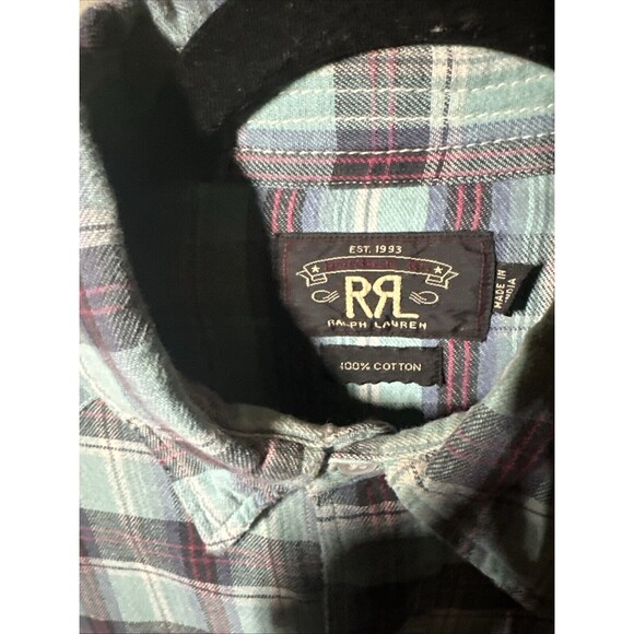 RRL Double RL Ralph Lauren Check Plaid Flannel Snap Button Shirt Medium Blue - Picture 3 of 4